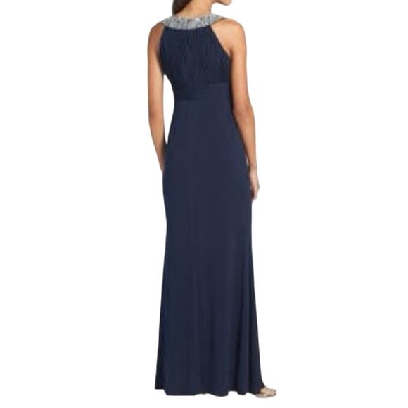 JS Boutique Halter Gown Maxi Dress Beaded Collar Keyhole Mermaid Hem Navy Blue 6 - Picture 6 of 11